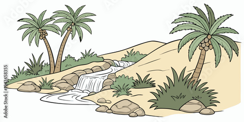 A serene desert oasis with a small waterfall and palm trees on sandy hill