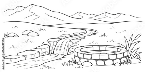 A serene landscape illustration of a small stone well and waterfall with mountains in the background