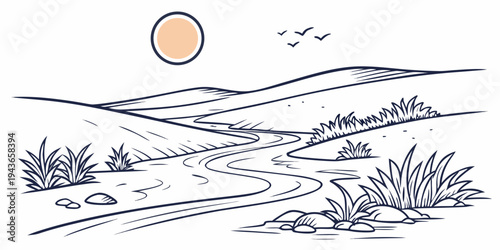 A serene landscape illustration of a winding river through hills and grassy banks under a sunny sky with birds flying overhead in a simple line drawing style