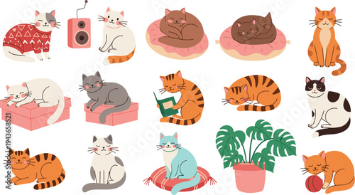 Cute Cartoon Cats Collection with Sleeping, Playing, Sitting and Grooming Kittens, Cozy Pet Activities and Home Objects Vector Illustration Set