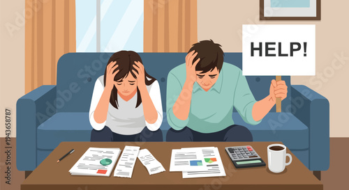 Stressed young couple overwhelmed by mounting bills and financial debt, urgently seeking help amidst a personal economic crisis, symbolizing a widespread challenge of modern living