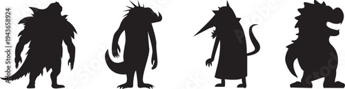 Silhouettes of monsters isolated on white transparent background.