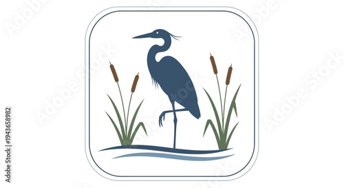 Illustration of a heron standing by water plants.