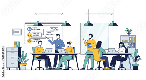 Team collaborating in a modern office meeting room.