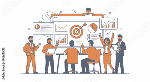 Team celebrating business success with charts and graphs.