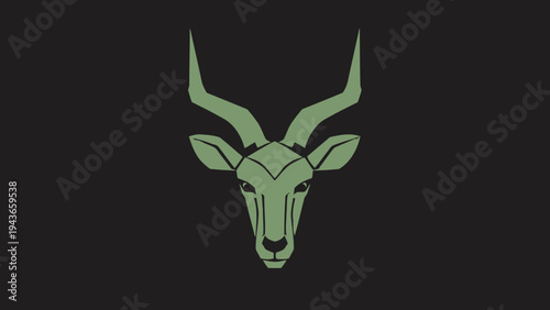 Stylized Green Antelope Head with Majestic Horns on Dark Background.