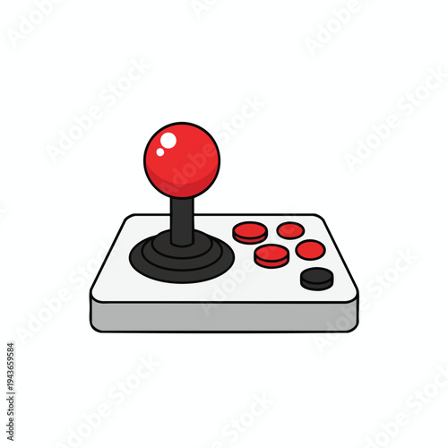 Red joystick with black base, four red buttons, and one black button on a white background