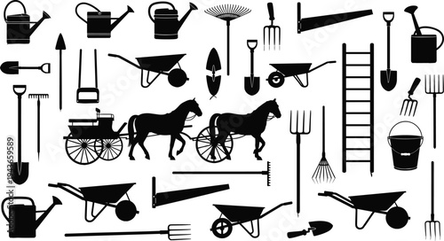 garden, tool, agriculture, silhouette, wheelbarrow, shovel, farm, vector, watering, carriage, horse, equipment, rural, rake, ladder, garden tools,   