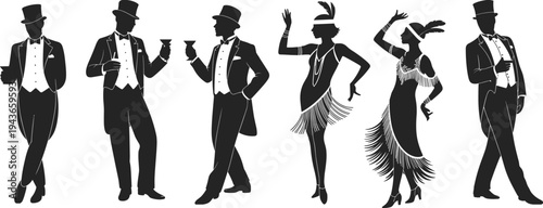 1920s flapper dancers and gentlemen silhouettes, vintage jazz age party characters in elegant costumes, retro Charleston dance vector illustration set