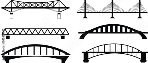 Black and white graphic illustration of six different bridge designs, truss, arch, cable-stayed and tied-arch structures, engineering and architecture concept