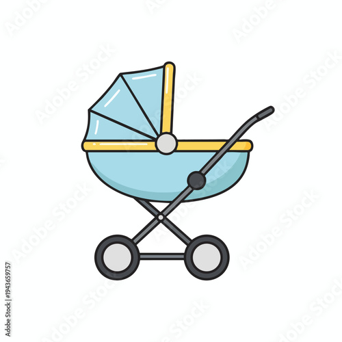 A blue and yellow baby carriage with wheels and a handle