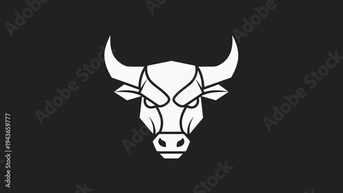Stylized White Bull Head Icon on Black Background.