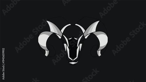 Stylized Ram Head With Large Curved Horns.