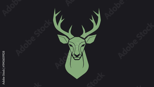 Stylized Green Deer Head with Antlers on Black Background.