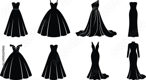Elegant evening gown silhouettes set, women formal dress collection, luxury fashion apparel icons black vector illustration isolated