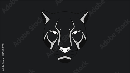 Stylized White Panther Face on Black Background Minimalist Design.