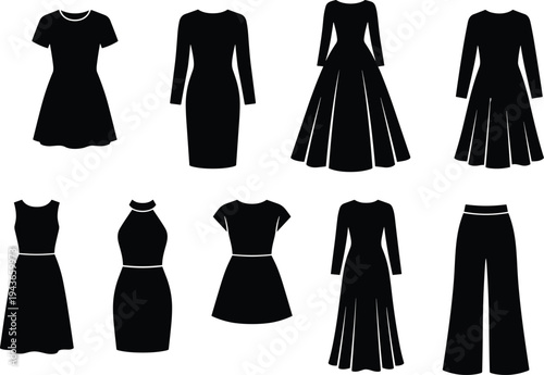 Women dress and pants silhouettes collection, elegant fashion apparel set, formal and casual clothing icons black vector illustration