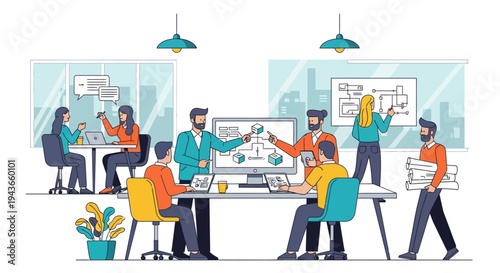 Team collaborating on a business project in a modern office setting.