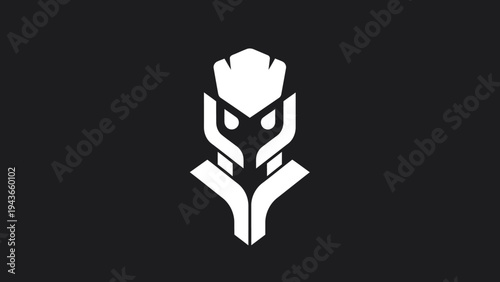 Stylized White Robot Head Icon on Black Background.