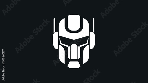 Stylized White Robot Head Icon on Black Background.