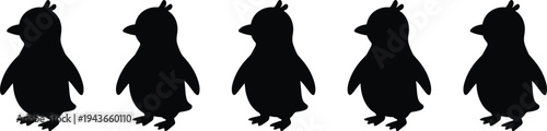 Cute penguin silhouettes set, cartoon baby penguin characters collection, animal mascot icons black vector illustration isolated