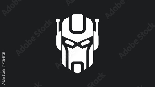 Stylized White Robot Head Icon on Black Background.