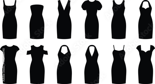 Women dress silhouettes collection, elegant bodycon fashion dresses set, formal and casual apparel icons black vector illustration isolated