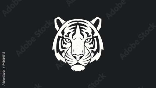Stylized White Tiger Face Emblem on Black Background.