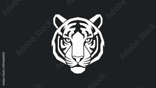 Stylized White Tiger Face Emblem on Black Background.
