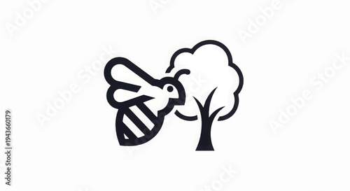 Bee Collecting Nectar from Tree Illustration.