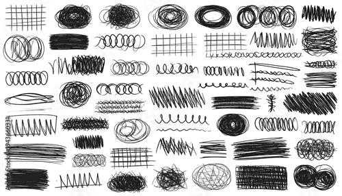 Collection of various freehand scribbles, lines, and shapes in black ink