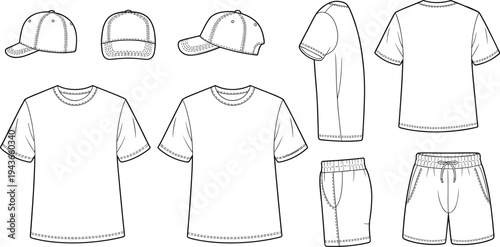 Casual clothing templates set including t shirt, shorts and baseball cap, fashion apparel outline collection isolated on white background