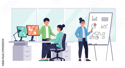 Team collaborating on a business project with data analysis.