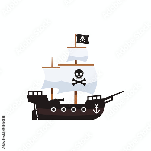 A cartoon pirate ship with a skull and crossbones flag and sail