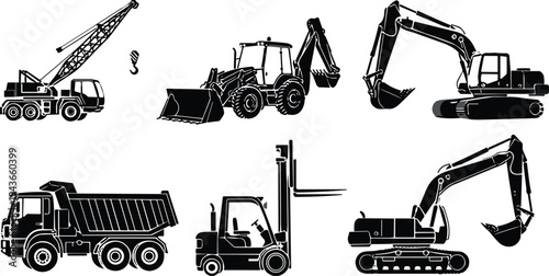 Construction machinery silhouette set featuring crane truck, backhoe loader, excavators, dump truck and forklift vehicles isolated on white background, heavy equipment vector illustration collection