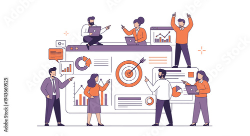 Teamwork and business strategy illustration with people analyzing data.