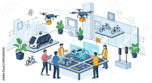 Team Collaborating on Futuristic Autonomous Vehicle Technology.