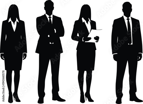 Professional business team silhouettes of successful businessmen and businesswomen in formal suits standing isolated on white background vector.