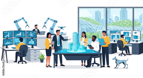 Team Collaborating on Futuristic City Project with Holographic Display.