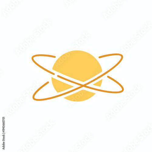 Stylized atom with orbiting ellipses around a yellow circle