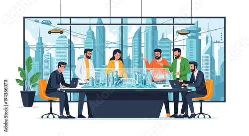 Team collaborating on futuristic holographic technology project.