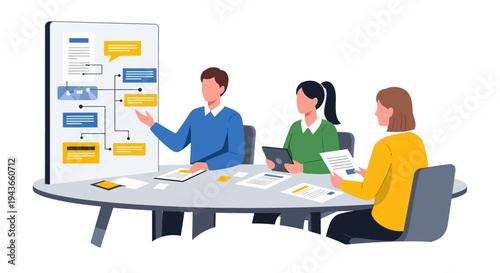 Team collaborating on a business strategy presentation.