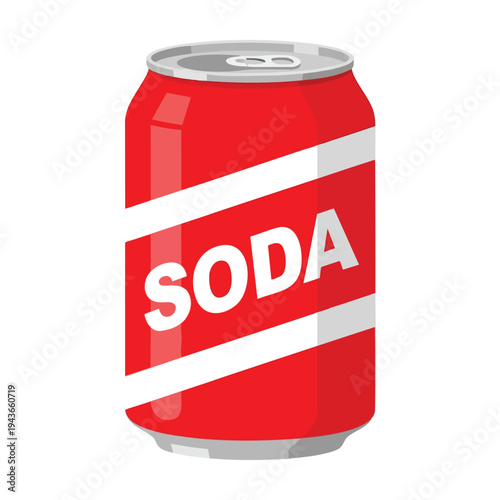 A red soda can with white diagonal stripes and the word "SODA" in white