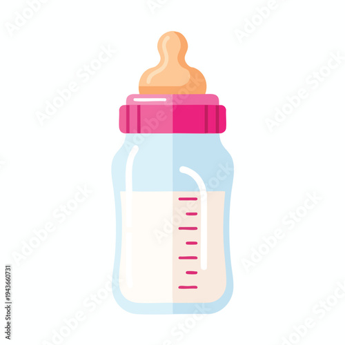 Clear baby bottle with pink ring and peach nipple, filled with milk, on white