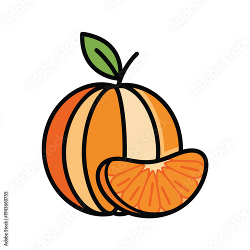 Simple, stylized illustration of an orange with a leaf and a wedge