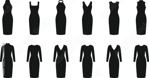 Women bodycon dress silhouettes set, elegant slim fashion dresses collection, formal and casual apparel vector illustration isolated