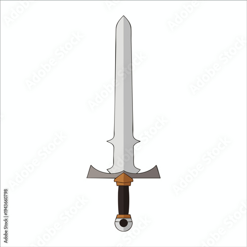 A stylized, two-toned medieval sword with a pointed blade and ornate hilt