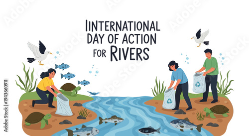 Illustration of people protecting a river on International Day of Action for Rivers with a conservation concept and protect rivers campaign elements.