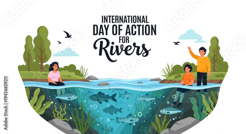Illustration of people engaging in river conservation activities on International Day of Action for Rivers with a protect rivers campaign theme.