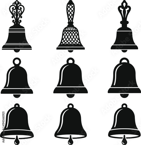Bell silhouettes collection, classic ringing bell icons set, church handbell shapes, vintage metal bell vector illustration isolated